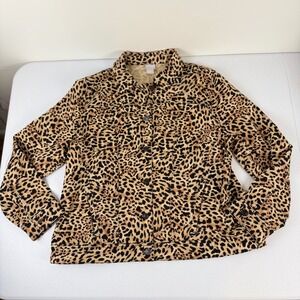 Chicos Leopard Print Denim Jacket Womens 3 XL 16/18 Brown Tan Animal Pattern